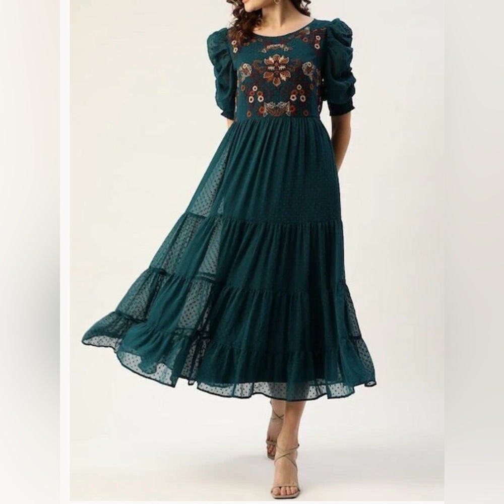Antheaa SZ XXL Teal Green & Brown Floral Dobby Woven Embroidered Midi Dress